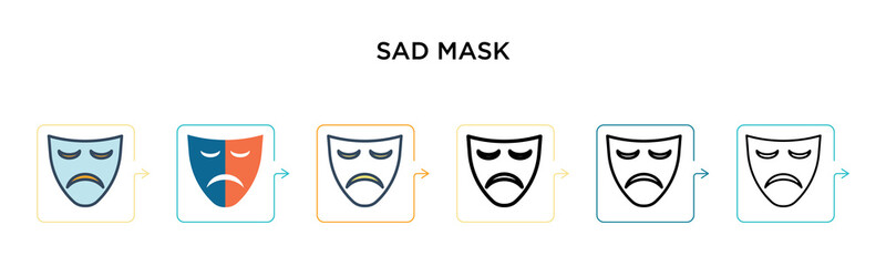 Sad mask vector icon in 6 different modern styles. Black, two colored sad mask icons designed in filled, outline, line and stroke style. Vector illustration can be used for web, mobile, ui