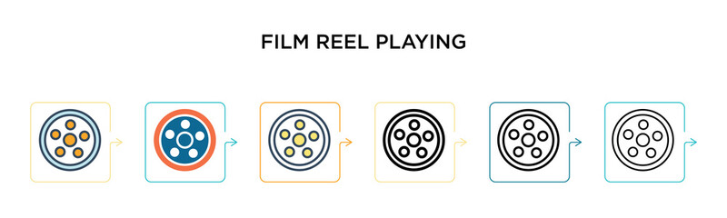 Film reel playing vector icon in 6 different modern styles. Black, two colored film reel playing icons designed in filled, outline, line and stroke style. Vector illustration can be used for web,