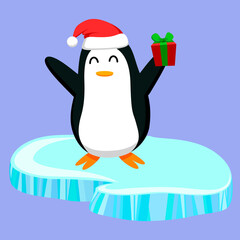 Flat style illustration. Penguin staying on ice and holding a christmas present. Xmas santa claus hat. Isolated on blue background. Holiday symbol and mascot of happy new year. Cute cartoon bird.
