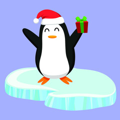Flat style illustration. Penguin staying on ice and holding a christmas present. Xmas santa claus hat. Isolated on blue background. Holiday symbol and mascot of happy new year. Cute cartoon bird.