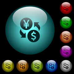 Yen Dollar money exchange icons in color illuminated glass buttons