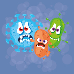 Obraz premium set cartoon covid 19 emoji, coronavirus emoticon with facial expression vector illustration design