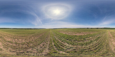 full seamless spherical hdri panorama 360 degrees angle view on among fields in spring day with...