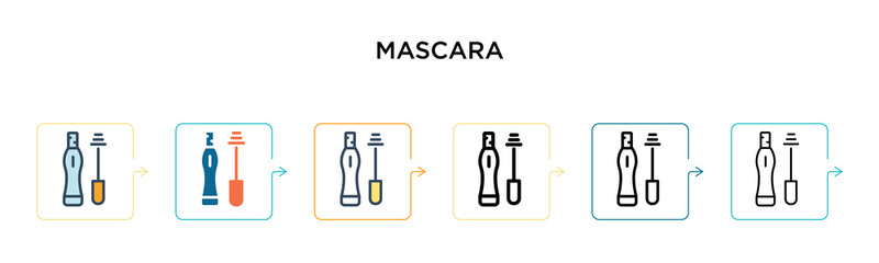 Mascara vector icon in 6 different modern styles. Black, two colored mascara icons designed in filled, outline, line and stroke style. Vector illustration can be used for web, mobile, ui