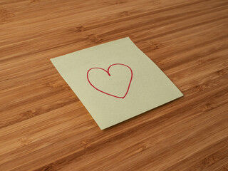 A paper sticker pasted on a wooden surface with the image of the heart symbol