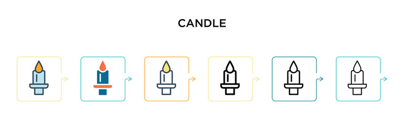 Candle vector icon in 6 different modern styles. Black, two colored candle icons designed in filled, outline, line and stroke style. Vector illustration can be used for web, mobile, ui