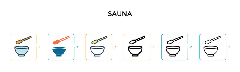 Sauna vector icon in 6 different modern styles. Black, two colored sauna icons designed in filled, outline, line and stroke style. Vector illustration can be used for web, mobile, ui
