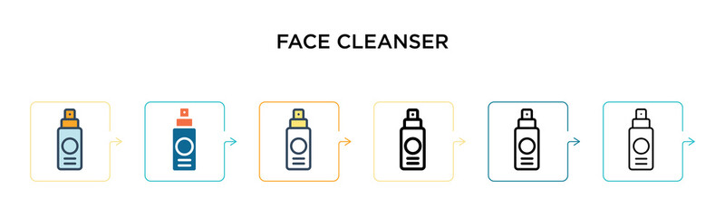 Face cleanser vector icon in 6 different modern styles. Black, two colored face cleanser icons designed in filled, outline, line and stroke style. Vector illustration can be used for web, mobile, ui