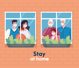 stay at home, quarantine or self isolation, house facade with windows, family wearing medical mask look out of home vector illustration design