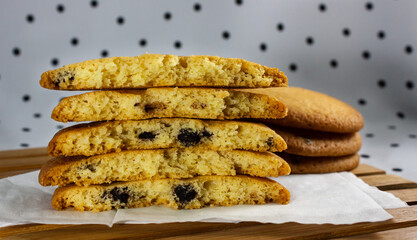 Cookies on lath with polka dot background side view
