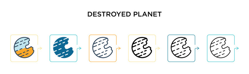 Destroyed planet vector icon in 6 different modern styles. Black, two colored destroyed planet icons designed in filled, outline, line and stroke style. Vector illustration can be used for web,