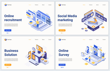 Isometric online recruitment, social media marketing vector illustration. Modern concept interface design set for mobile website with cartoon 3d hr business recruiting technology, using social network