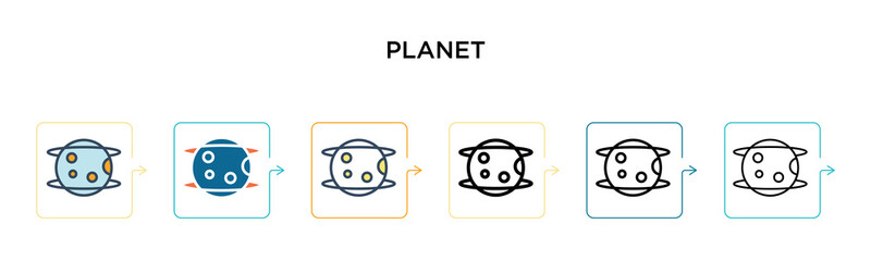 Planet vector icon in 6 different modern styles. Black, two colored planet icons designed in filled, outline, line and stroke style. Vector illustration can be used for web, mobile, ui