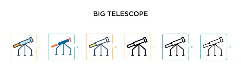 Big telescope vector icon in 6 different modern styles. Black, two colored big telescope icons designed in filled, outline, line and stroke style. Vector illustration can be used for web, mobile, ui
