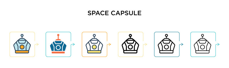 Space capsule vector icon in 6 different modern styles. Black, two colored space capsule icons designed in filled, outline, line and stroke style. Vector illustration can be used for web, mobile, ui