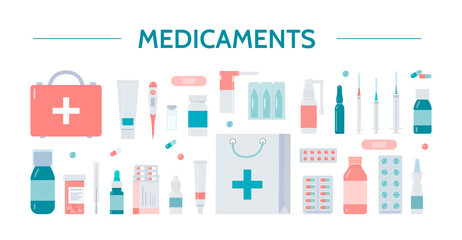 Medicaments icons. Pharmacy, medicine and healthcare concept. Healthcare symbols isolated on a white background. Flat vector illustration.