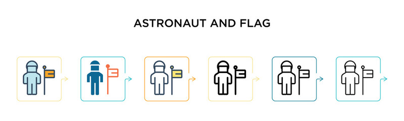 Astronaut and flag vector icon in 6 different modern styles. Black, two colored astronaut and flag icons designed in filled, outline, line and stroke style. Vector illustration can be used for web,