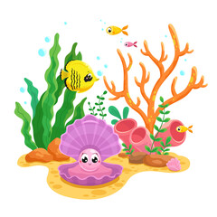 Cute sea pearl in a shell with fish and algae. Vector illustration
