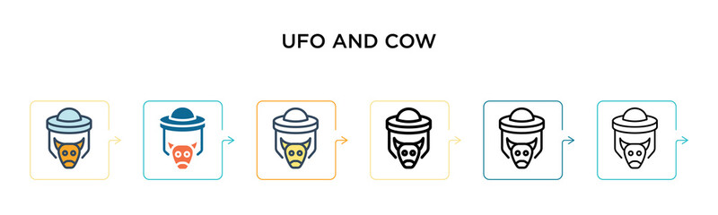 Ufo and cow vector icon in 6 different modern styles. Black, two colored ufo and cow icons designed in filled, outline, line and stroke style. Vector illustration can be used for web, mobile, ui