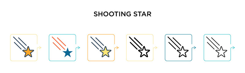 Shooting star vector icon in 6 different modern styles. Black, two colored shooting star icons designed in filled, outline, line and stroke style. Vector illustration can be used for web, mobile, ui