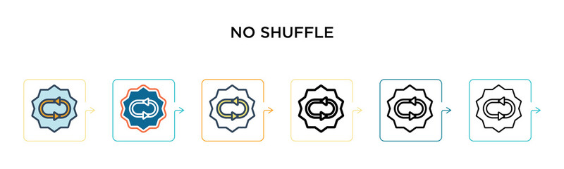 No shuffle vector icon in 6 different modern styles. Black, two colored no shuffle icons designed in filled, outline, line and stroke style. Vector illustration can be used for web, mobile, ui