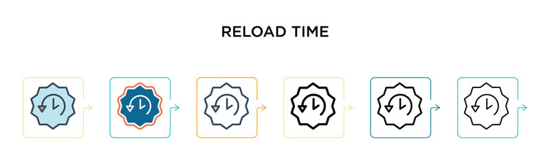 Reload time vector icon in 6 different modern styles. Black, two colored reload time icons designed in filled, outline, line and stroke style. Vector illustration can be used for web, mobile, ui