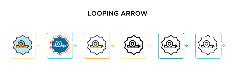 Looping arrow vector icon in 6 different modern styles. Black, two colored looping arrow icons designed in filled, outline, line and stroke style. Vector illustration can be used for web, mobile, ui