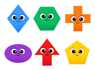 Cute shapes set: rhombus, pentagon, hexagon, cross, arrow, oval, cartoon characters for childrens, isolated objects on white