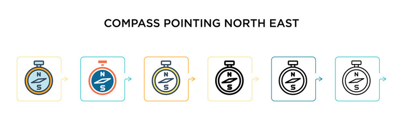 Compass pointing north east vector icon in 6 different modern styles. Black, two colored compass pointing north east icons designed in filled, outline, line and stroke style. Vector illustration can