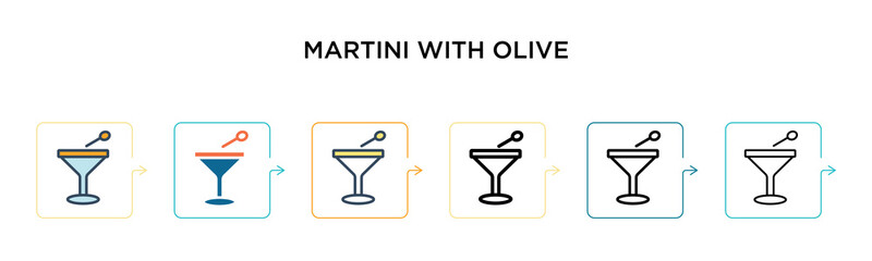 Martini with olive vector icon in 6 different modern styles. Black, two colored martini with olive icons designed in filled, outline, line and stroke style. Vector illustration can be used for web,