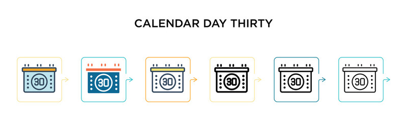 Calendar day thirty vector icon in 6 different modern styles. Black, two colored calendar day thirty icons designed in filled, outline, line and stroke style. Vector illustration can be used for web,
