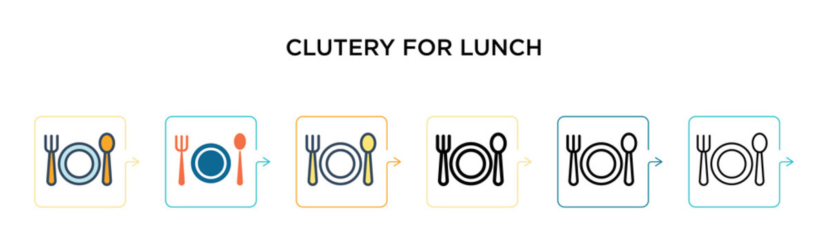Clutery for lunch vector icon in 6 different modern styles. Black, two colored clutery for lunch icons designed in filled, outline, line and stroke style. Vector illustration can be used for web,