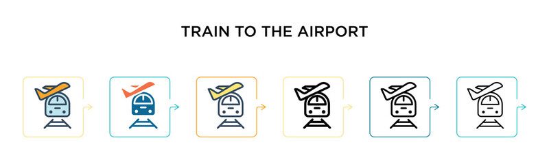 Train to the airport vector icon in 6 different modern styles. Black, two colored train to the airport icons designed in filled, outline, line and stroke style. Vector illustration can be used for