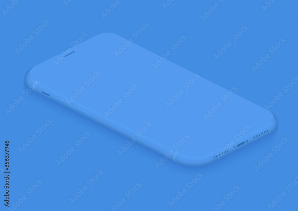 Aufkleber Soft isometric tender blue vector smartphone. 3d realistic empty screen phone template for inserting any UI interface, advertisment, test presentation. Floating soft mock up design perspective view.