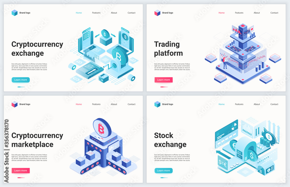 Poster isometric cryptocurrency blockchain technology vector illustration. creative concept banner set, web