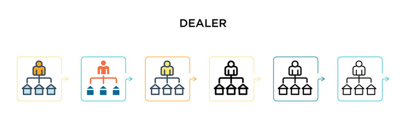 Dealer vector icon in 6 different modern styles. Black, two colored dealer icons designed in filled, outline, line and stroke style. Vector illustration can be used for web, mobile, ui