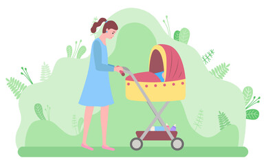 Woman walking with kid laying in perambulator bassinet vector, mother and newborn baby. Happy motherhood female relaxing in park with bushes and greenery