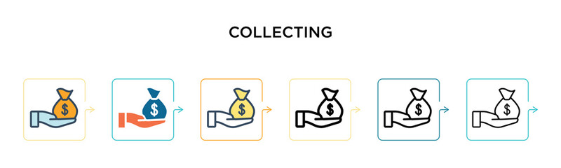 Collecting vector icon in 6 different modern styles. Black, two colored collecting icons designed in filled, outline, line and stroke style. Vector illustration can be used for web, mobile, ui