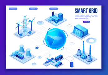 Smart grid 3d isometric infographics, blue neon concept with solar panels and electricity pole, nuclear and thermal power plant, hydroelectric power station, transport system, globe 3d isometric icon,