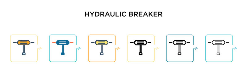 Hydraulic breaker vector icon in 6 different modern styles. Black, two colored hydraulic breaker icons designed in filled, outline, line and stroke style. Vector illustration can be used for web,
