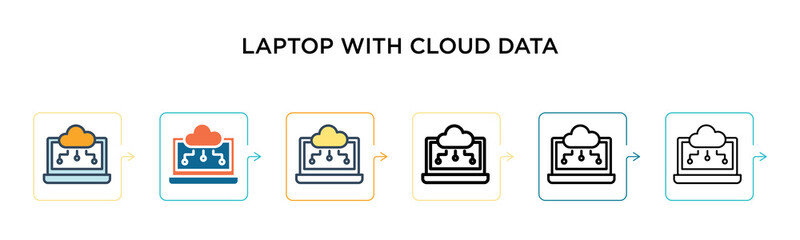 Laptop with cloud data symbol on screen vector icon in 6 different modern styles. Black, two colored laptop with cloud data symbol on screen icons designed in filled, outline, line and stroke style.