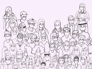 People all over the world live a new normal lifestyle. Wearing a face mask to prevent infection from an epidemic coronavirus covid-19 .illustration in doodle line art design on copy space 