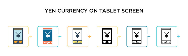 Yen currency on tablet screen vector icon in 6 different modern styles. Black, two colored yen currency on tablet screen icons designed in filled, outline, line and stroke style. Vector illustration