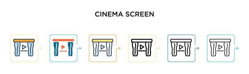 Cinema screen vector icon in 6 different modern styles. Black, two colored cinema screen icons designed in filled, outline, line and stroke style. Vector illustration can be used for web, mobile, ui