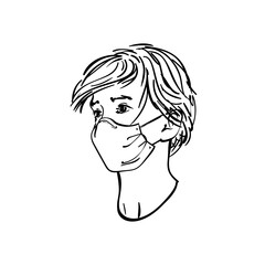Sketch of young boy portrait in medical face mask, Vector hand drawn illustration