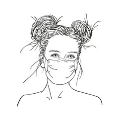Sketch of teenage girl portrait in medical face mask and with long hair tied in two stylish buns, Vector hand drawn illustration