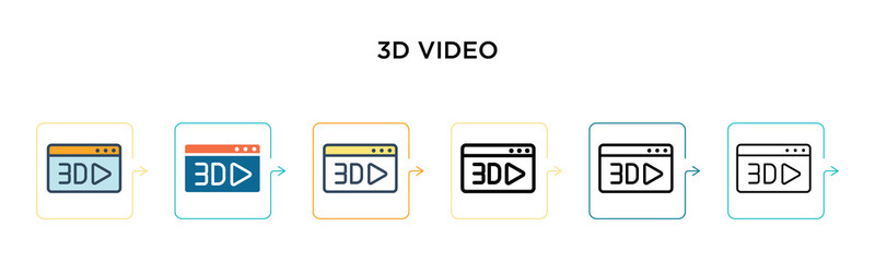 3d video icon vector icon in 6 different modern styles. Black, two colored 3d video icon icons designed in filled, outline, line and stroke style. Vector illustration can be used for web, mobile, ui