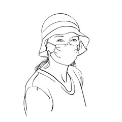 Sketch of woman portrait in medical face mask and sun hat, Vector hand drawn illustration