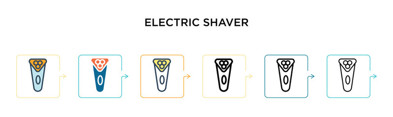 Electric shaver vector icon in 6 different modern styles. Black, two colored electric shaver icons designed in filled, outline, line and stroke style. Vector illustration can be used for web, mobile,