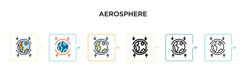 Aerosphere vector icon in 6 different modern styles. Black, two colored aerosphere icons designed in filled, outline, line and stroke style. Vector illustration can be used for web, mobile, ui
